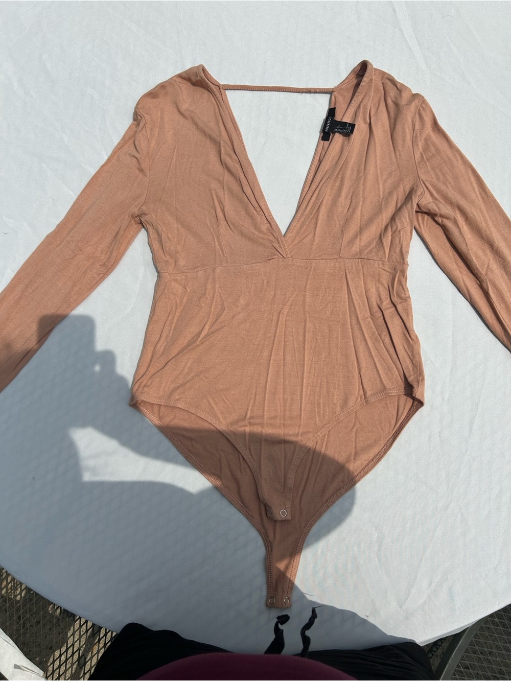 Forever 21 Rose Taupe Deep V Long Sleeve Bodysuit